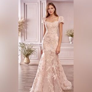 Long Pink Short-Sleeve Mermaid Prom Dress